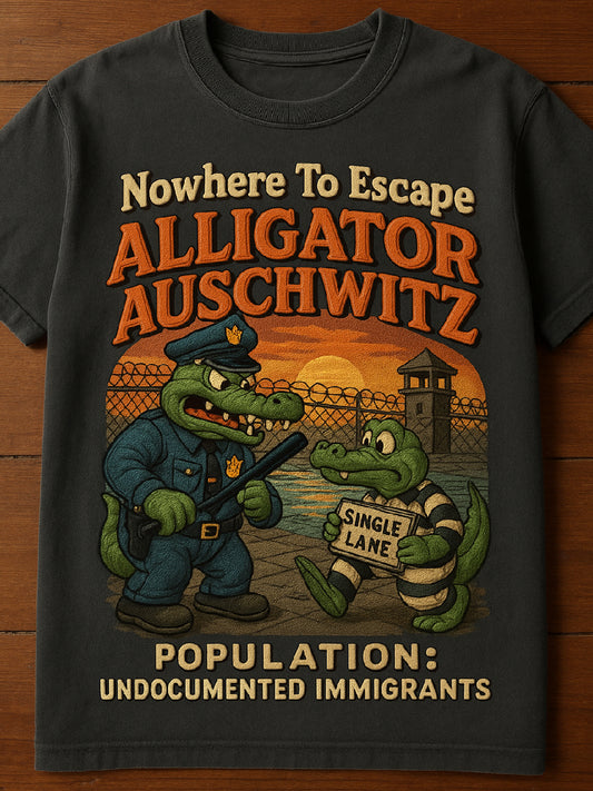 Vintage Alligator Auschwitz Fun Florida Everglades Art Print Casual T-Shirt