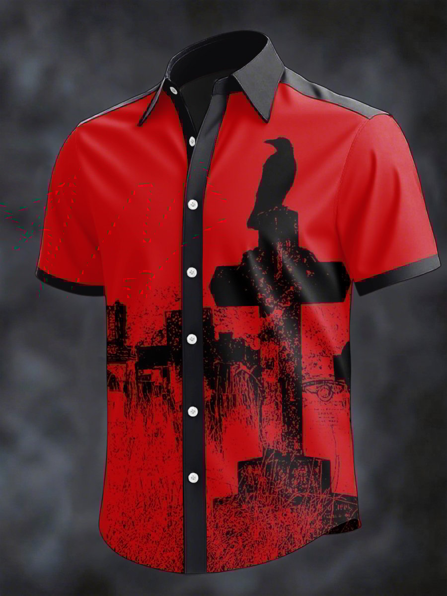 Men's Retro Horror Skull Print Lapel Short Sleeve Shirt