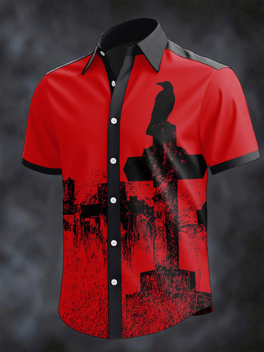 Men's Retro Horror Skull Print Lapel Short Sleeve Shirt
