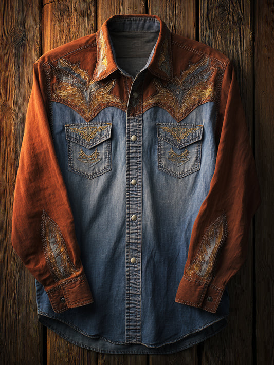 Retro Western Cowboy Art Print Casual Long Sleeve Shirt