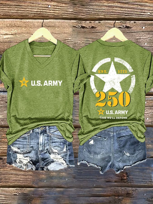 V-Neck Retro U.S. Army 250th Anniversary This We'll Defend Est.1775 Print T-Shirt