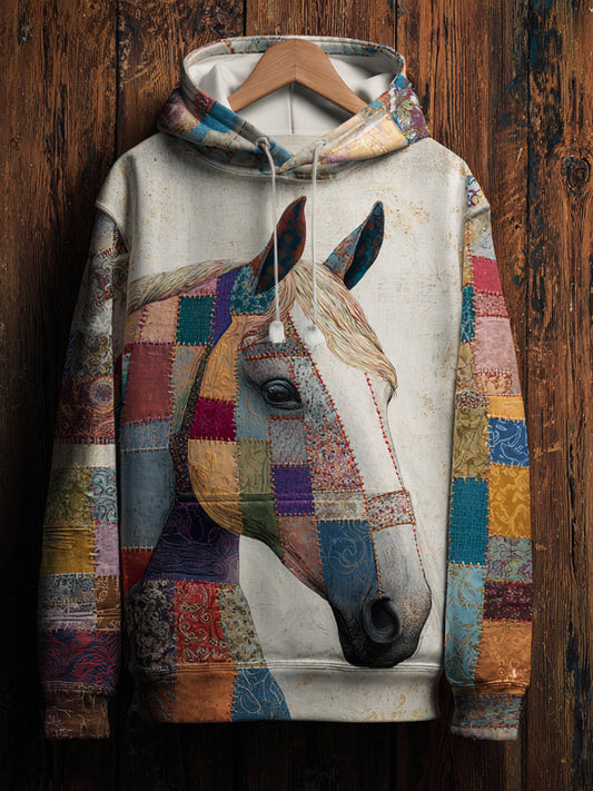 Vintage Patchwork Horse Print Art Casual Hoodie