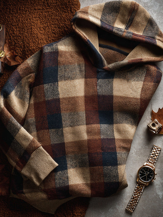 Fall Check Art Print Casual Hooded Knit Sweater