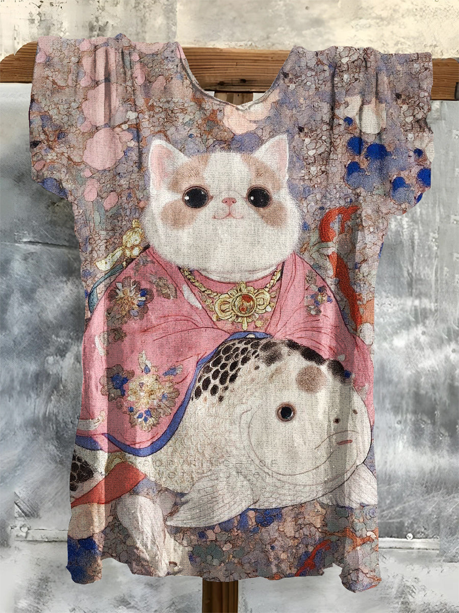 Cat Art Print Casual Crew Neck T-Shirt