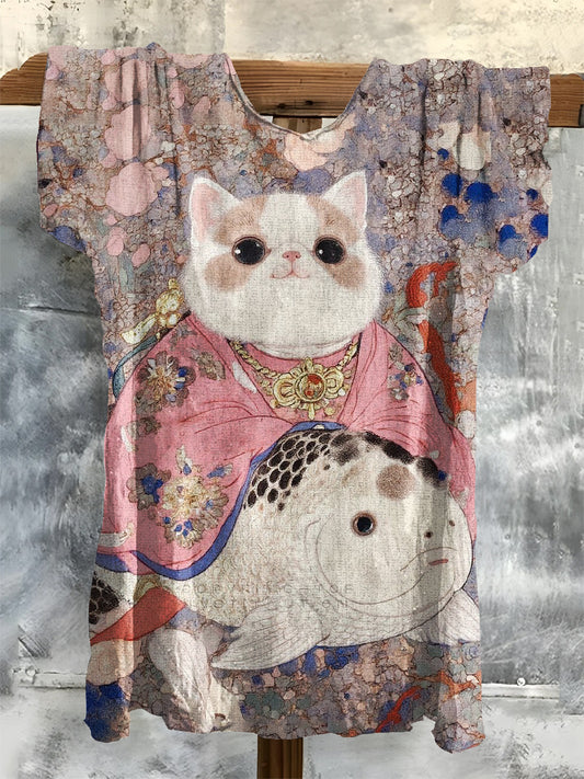 Cat Art Print Casual Crew Neck T-Shirt