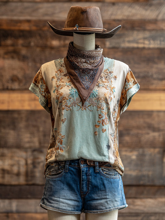 Retro Western Art Illustration Print Casual Short Sleeve T-Shirt