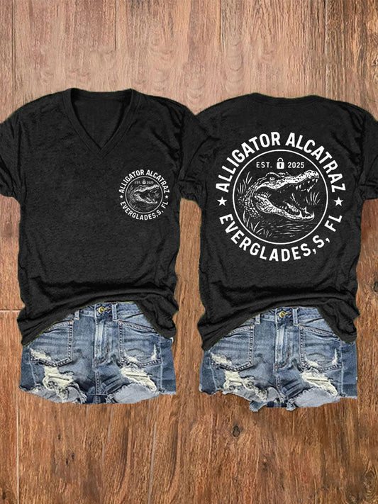 Women's Retro Alligator Alcatraz Funny Florida Everglades Dark Humor V-Neck Tee