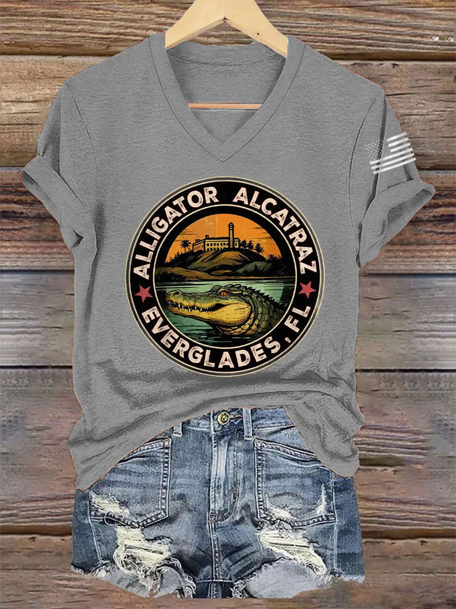 Women's Retro Alligator Alcatraz Funny Florida Everglades Dark Humor V-Neck Tee