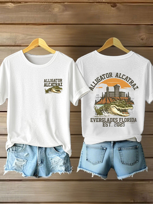 Women's Retro Alligator Alcatraz Funny Florida Everglades Dark Humor Short Sleeve Tee