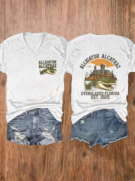 Women's Retro Alligator Alcatraz Funny Florida Everglades Dark Humor Short Sleeve Tee