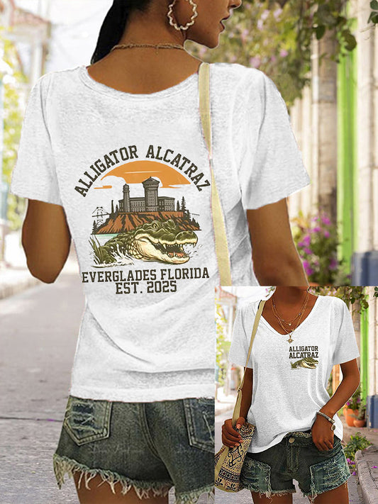 Women's Retro Alligator Alcatraz Funny Florida Everglades Dark Humor Short Sleeve Tee