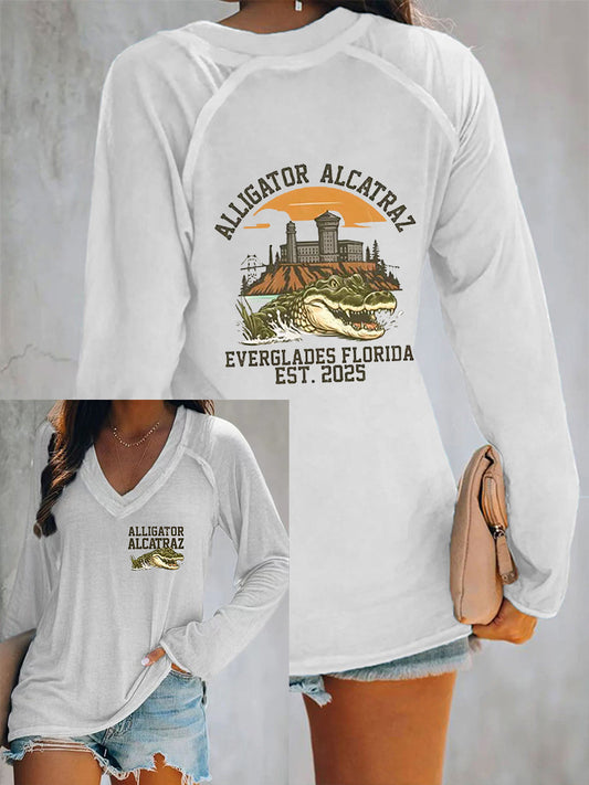 Women's Retro Alligator Alcatraz Funny Florida Everglades Dark Humor Cotton V-Neck T-Shirt