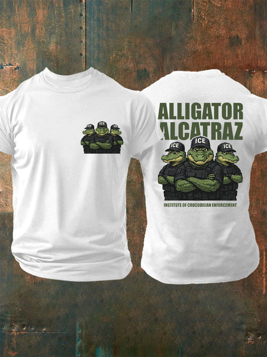 Men's Retro Alligator Alcatraz ICE Funny Florida Everglades Dark Humor Tee