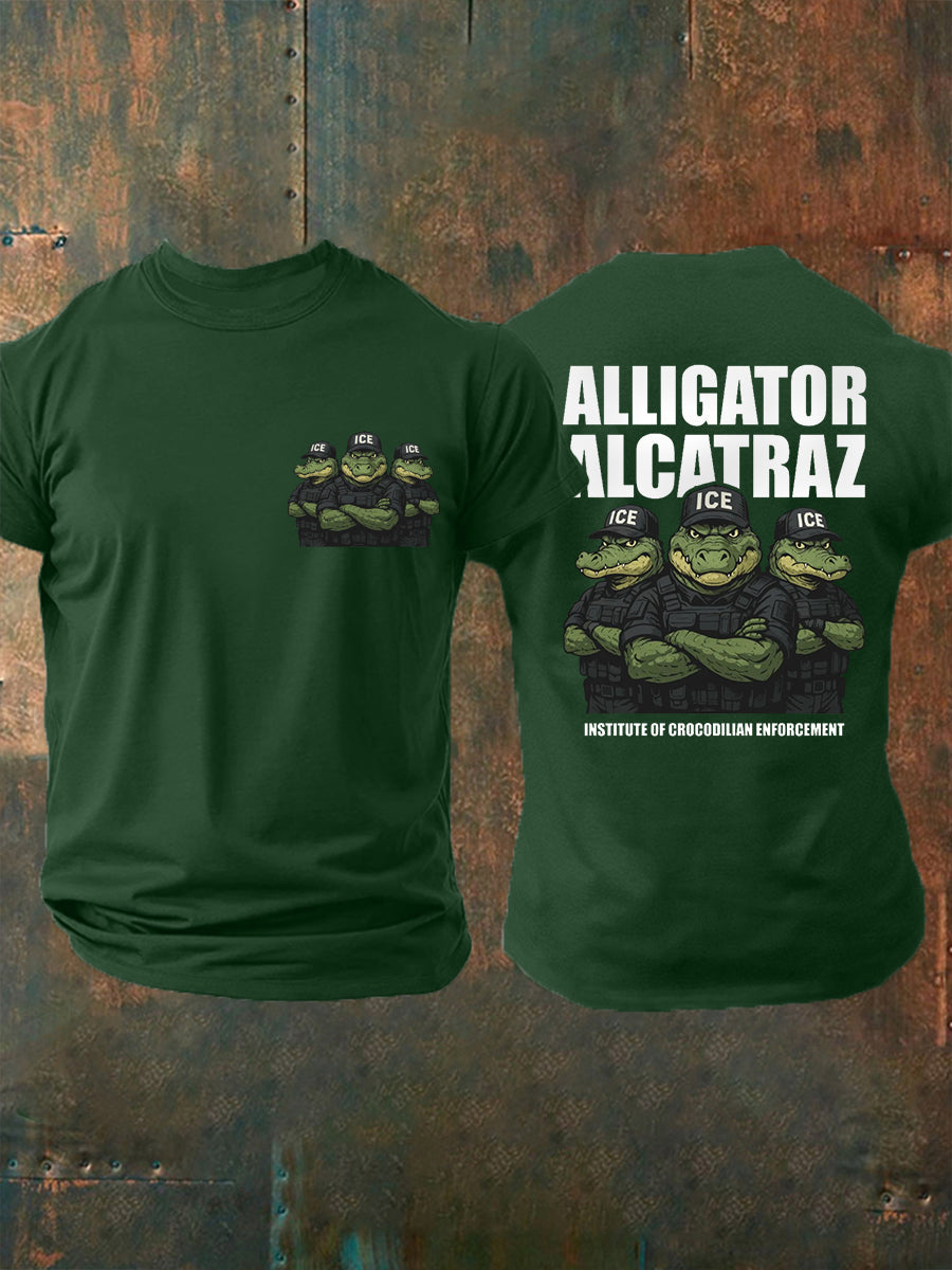 Men's Retro Alligator Alcatraz ICE Funny Florida Everglades Dark Humor Tee