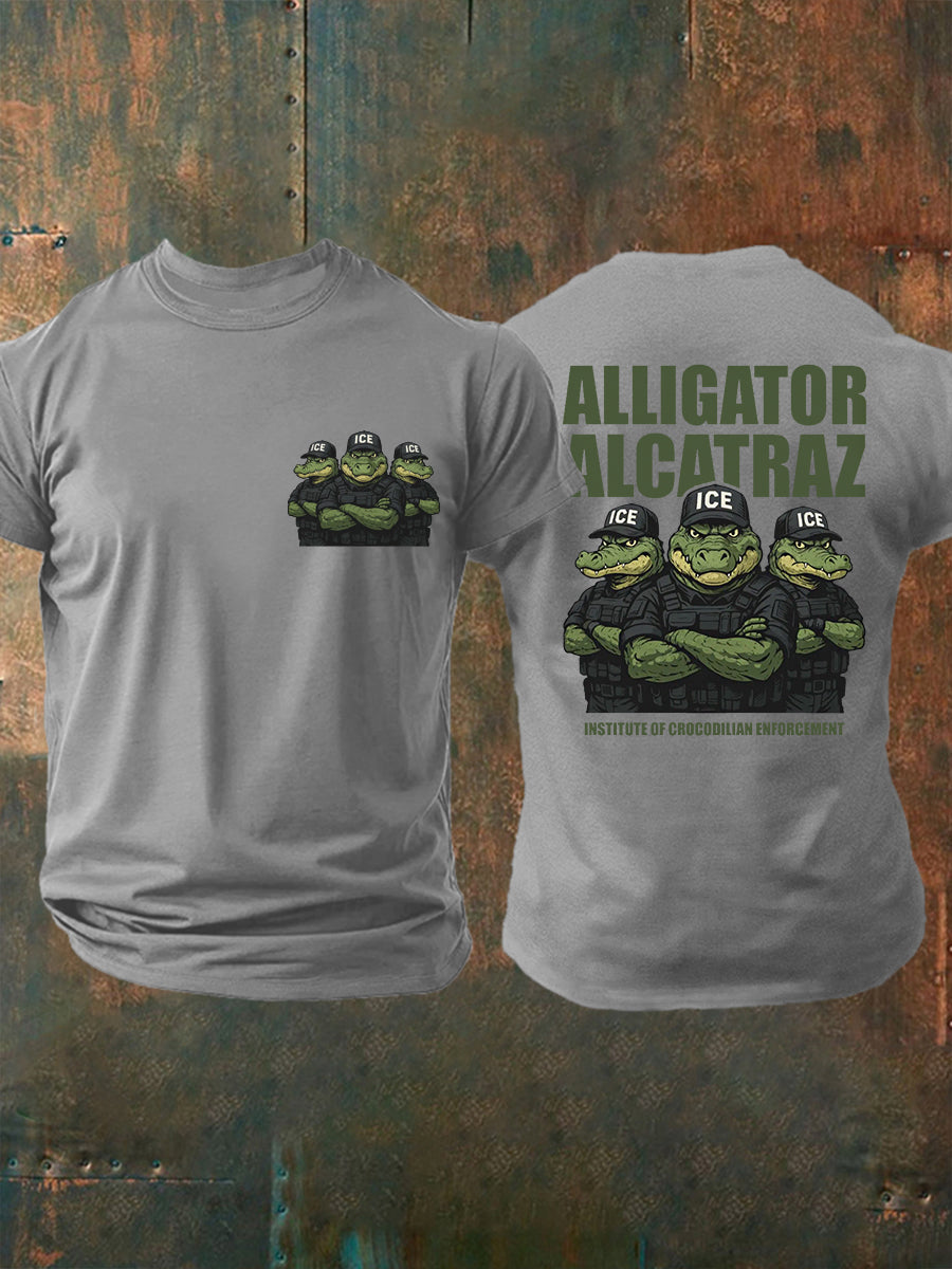 Men's Retro Alligator Alcatraz ICE Funny Florida Everglades Dark Humor Tee