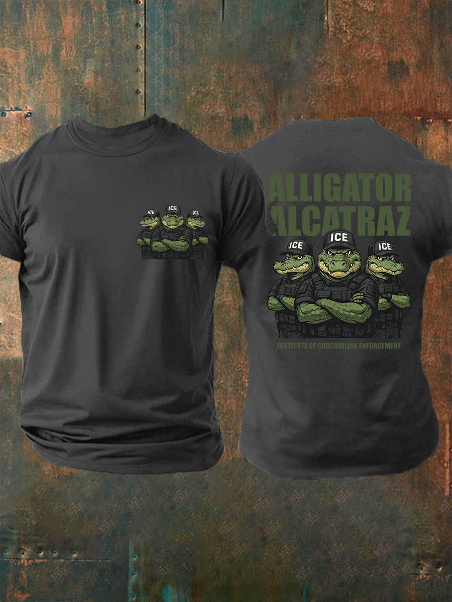 Men's Retro Alligator Alcatraz ICE Funny Florida Everglades Dark Humor Tee