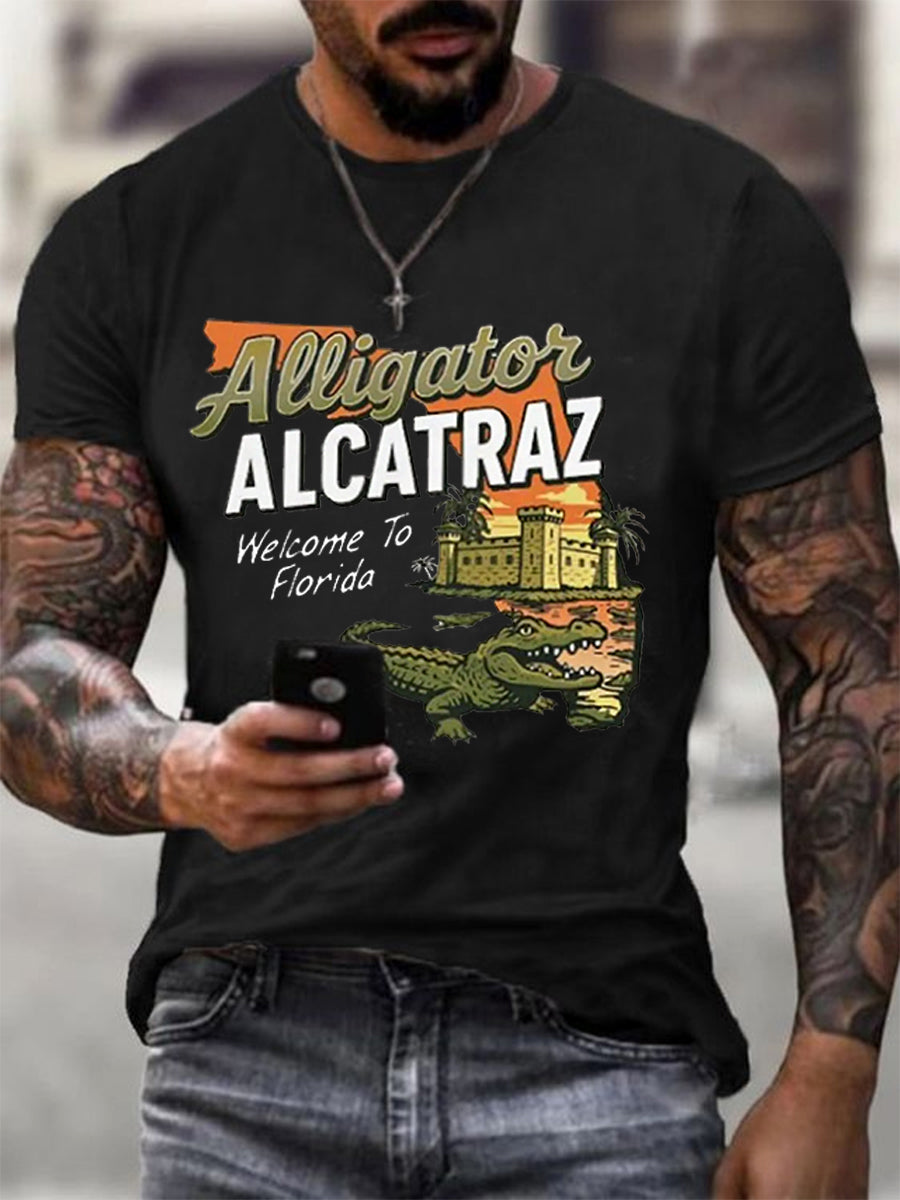 Men's Retro Alligator Alcatraz Funny Welcome To Florida Everglades Dark Humor Tee