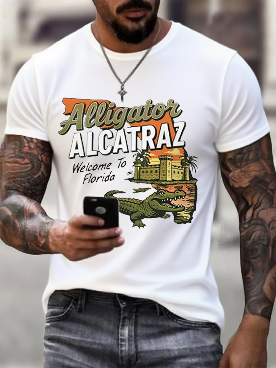 Men's Retro Alligator Alcatraz Funny Welcome To Florida Everglades Dark Humor Tee