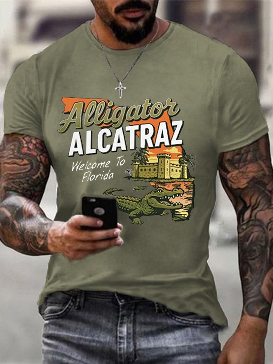 Men's Retro Alligator Alcatraz Funny Welcome To Florida Everglades Dark Humor Tee