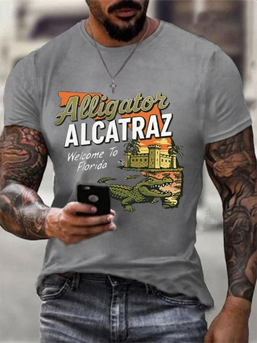 Men's Retro Alligator Alcatraz Funny Welcome To Florida Everglades Dark Humor Tee