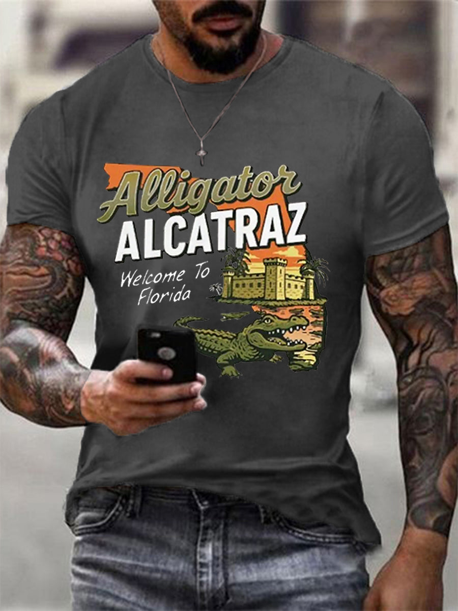 Men's Retro Alligator Alcatraz Funny Welcome To Florida Everglades Dark Humor Tee