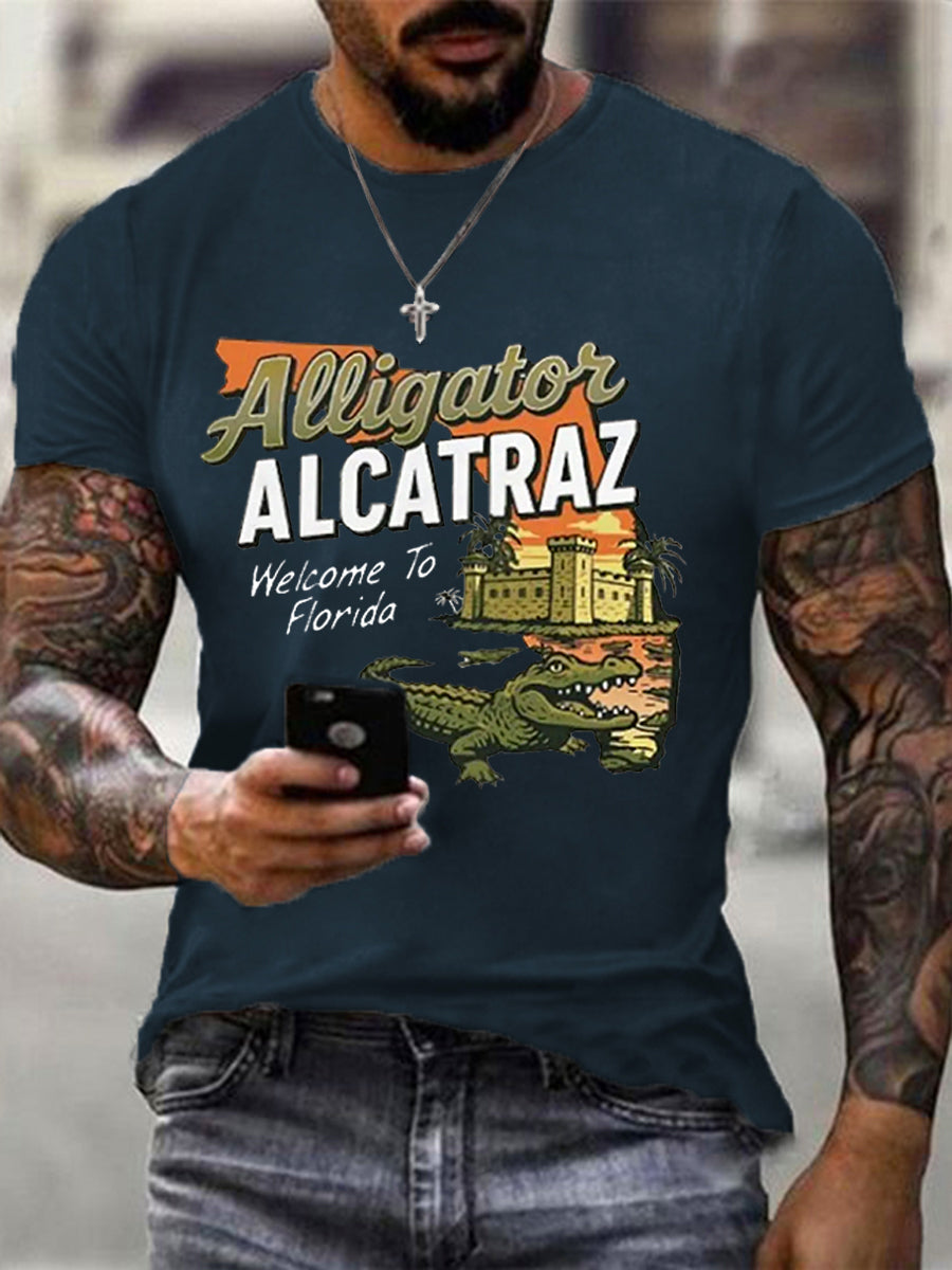 Men's Retro Alligator Alcatraz Funny Welcome To Florida Everglades Dark Humor Tee