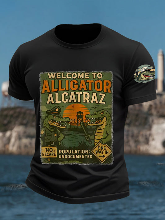 Men's Welcome To Alligator Alcatraz Funny Florida Everglades Dark Humor Tee