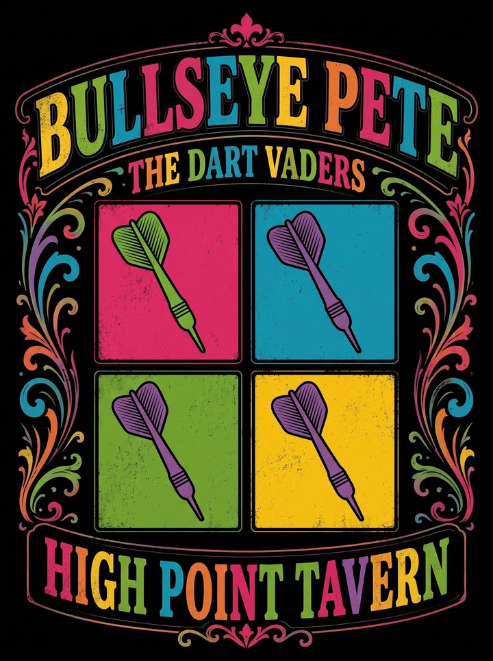 Shirt design with the player name Bullseye Pete, the team The Dart Vaders, four pop-art panels of darts and High Point Tavern across the bottom