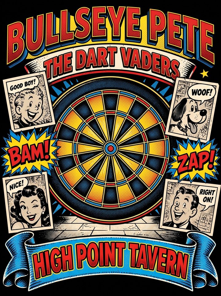 Shirt design with Bullseye Pete and The Dart Vaders over a comic-book dartboard with cheering comic panels and High Point Tavern on a blue ribbon