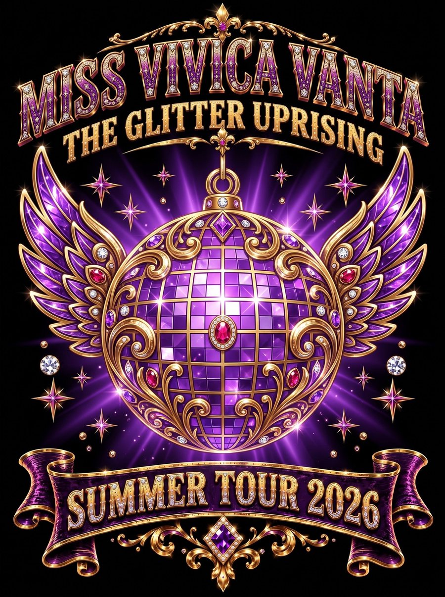 The finished design: Miss Vivica Vanta and The Glitter Uprising in jeweled gold and purple lettering over a winged, gem-studded disco ball, with Summer Tour 2026 on a velvet ribbon